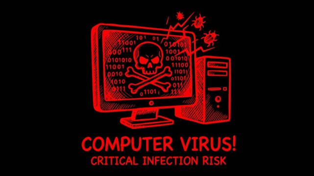 2d animation loop of a computer screen with skull and binary code displaying a critical infection risk warning alert isolated on alpha channel transparent background