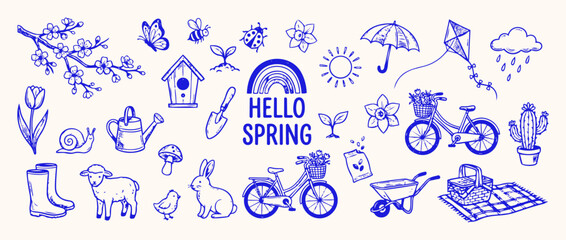 Naklejka premium Hello Spring Doodle Collection: A whimsical collection of hand-drawn spring icons, featuring blossoming branches, cute animals, blooming flowers, gardening tools, rain showers.