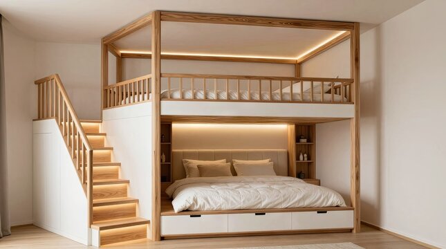 A modern, space-saving wooden bunk bed featuring a built-in staircase with integrated lighting, a lower queen-sized sleeping area with under-bed storage, and an upper loft bed