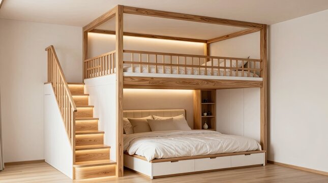 A modern, space-saving wooden bunk bed featuring a built-in staircase with integrated lighting, a lower queen-sized sleeping area with under-bed storage, and an upper loft bed