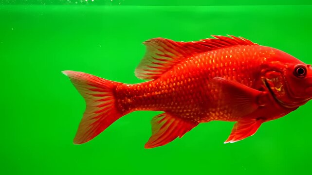 Vibrant Red Fish Swims Gracefully in Bright Green Water.