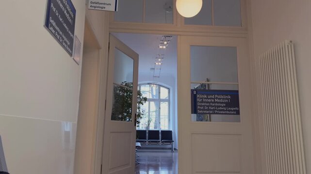 Hospital corridor inside Klinikum rechts der Isar in Munich. The Vascular Center Angiology focuses on blood vessel disorders, circulation diseases and modern medical care. Innere Medizin I Angiologie
