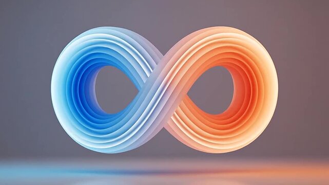 A colorful infinity symbol with blue and orange hues on a gray background.
