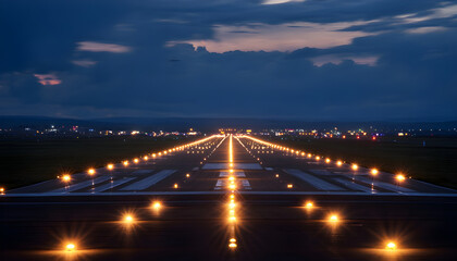 Fototapeta premium Airport runway extending into the distance, brightly lit with numerous ground lights, preparing for aircraft landing or takeoff during twilight at an airfield