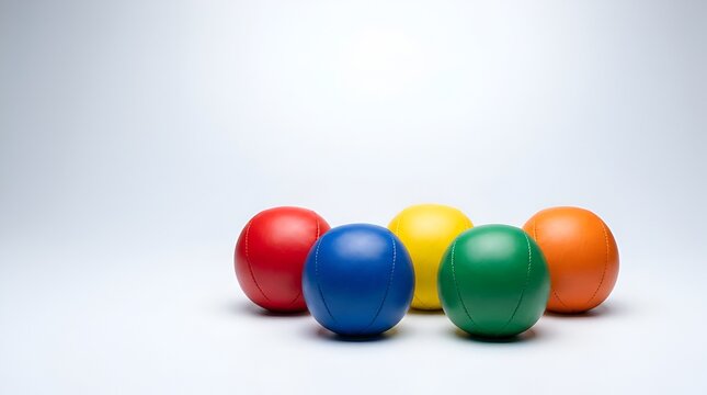 Five colorful bocce balls on white surface.