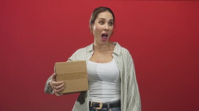 Woman holding cardboard box in studio with neutral to surprised expressions while offering the parcel with one hand and shifting gaze to the side; surprise curiosity.