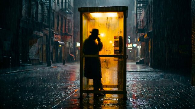 Silhouette of a man in a hat using a public telephone booth on a rainy city street at night
