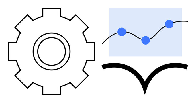 Business strategy, data analysis, knowledge sharing, education, digital transformation, teamwork. Gear, data graph and open book symbols. Business strategy and data analysis concept