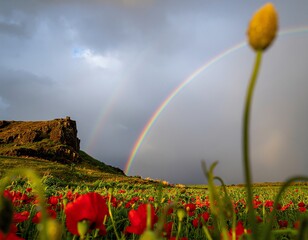 Fototapeta premium A vibrant rainbow arches over a field of red poppies with a rocky hill in the background under a dramatic sky