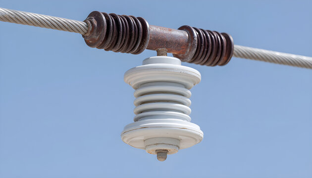 Closeup of ceramic insulator mounted on overhead railway electric wire, isolating high voltage traction line against clear sky, showing power infrastructure detail