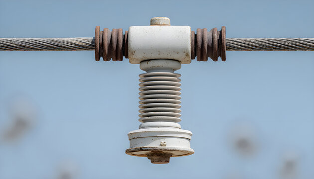 Closeup of ceramic insulator mounted on overhead railway electric wire, isolating high voltage traction line against clear sky, showing power infrastructure detail