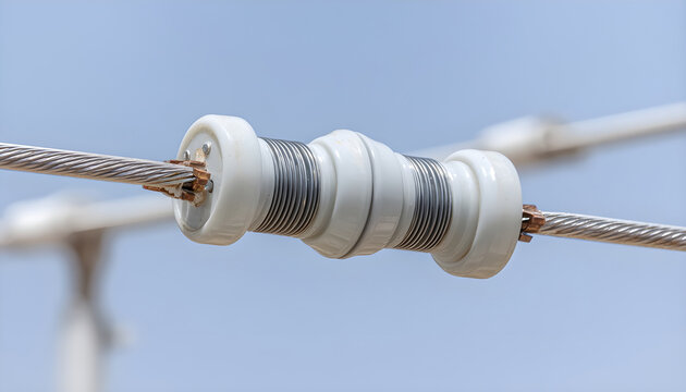Closeup of ceramic insulator mounted on overhead railway electric wire, isolating high voltage traction line against clear sky, showing power infrastructure detail