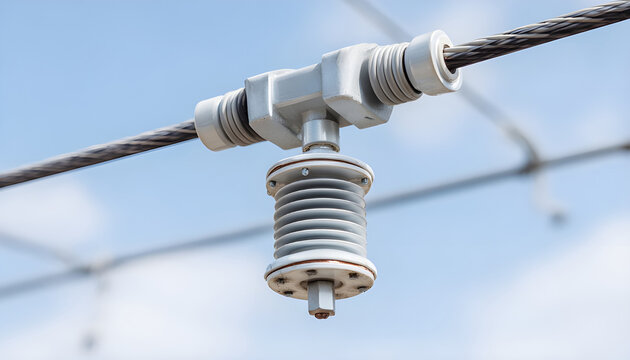 Closeup of ceramic insulator mounted on overhead railway electric wire, isolating high voltage traction line against clear sky, showing power infrastructure detail