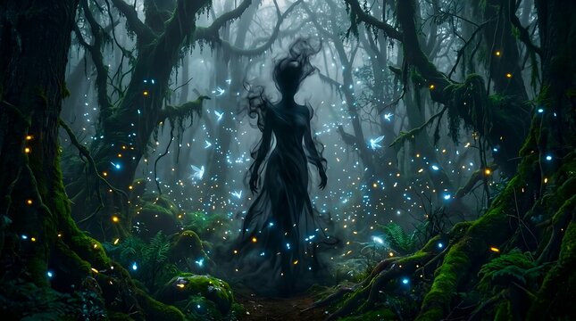 Dark ethereal spirit figure standing in a misty forest with glowing blue and orange fireflies in a fantasy landscape setting