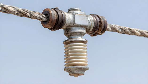 Closeup of ceramic insulator mounted on overhead railway electric wire, isolating high voltage traction line against clear sky, showing power infrastructure detail