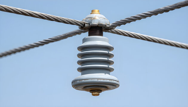 Closeup of ceramic insulator mounted on overhead railway electric wire, isolating high voltage traction line against clear sky, showing power infrastructure detail