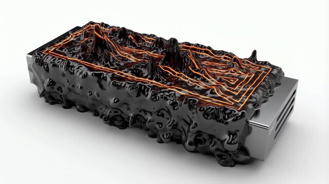 Futuristic data storage concept with black liquid and glowing circuits animation