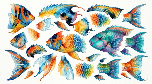 ocean creatures marine life vibrant scales fins tails aquatic animals coral reef sea creatures illustration art painting digital art colorful illustration marine illustration