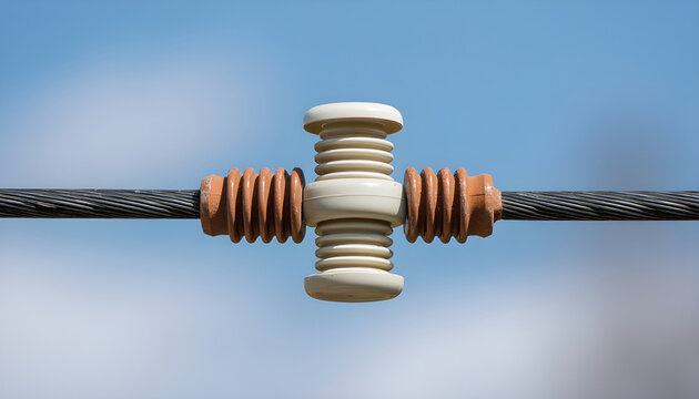 Closeup of ceramic insulator mounted on overhead railway electric wire, isolating high voltage traction line against clear sky, showing power infrastructure detail