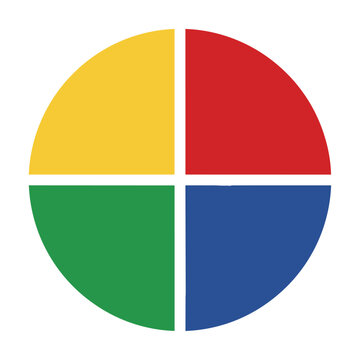Minimal circular emblem divided into four colorful quadrants with balanced geometric segments and flat shapes isolated on white background, abstract design concept