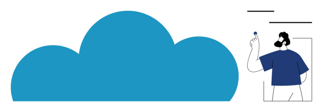 Cloud storage, digital transformation, data management, teamwork, cloud computing, technology. Large cloud shape with a person gesturing toward it. Cloud storage and digital transformation concept