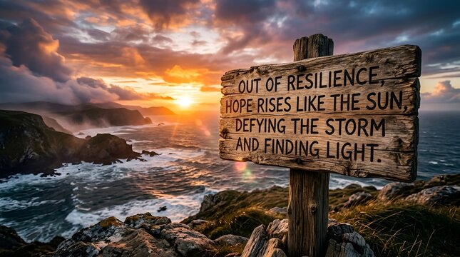Inspirational quote on wooden sign by dramatic ocean sunset.