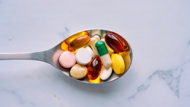 Top-down shot of a silver tablespoon heaped with a colorful assortment of vitamins and supplements: amber softgels, green capsule, pink, white, and yellow tablets on a white marble surface.