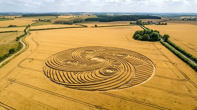 Intricate geometric crop circle pattern in golden wheat field.