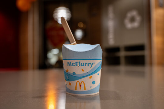McDonald's McFlurry dessert cup on restaurant table. Toronto, Canada - May 9, 2026.