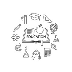 Fototapeta premium Education concept with school icons and open book sketch.