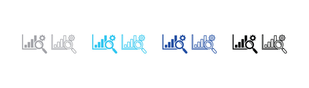 Data analysis icon with bar chart magnifying glass gear analysis magnifying magnifier cogwheel engineering business statistics progress illustration collection analytics research
