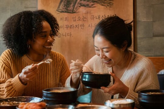 Enjoying a steaming bowl of authentic Chueotang, a traditional Korean loach soup, with an exaggerated expression of delight in a candid restaurant setting.