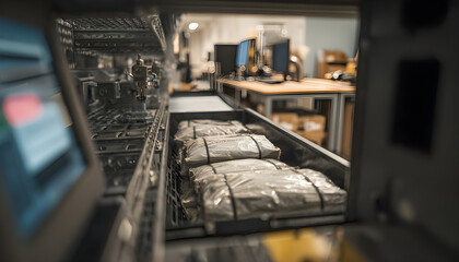 Naklejka premium Preparation for armored cash pickup with detailed focus on securely fastened cash bags inside locked cart the surrounding workspace intentionally out of focus for security
