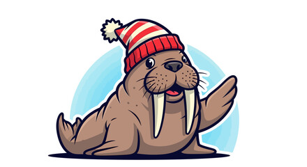 Cute Walrus Wearing a Striped Winter Hat Waving Hello © eko