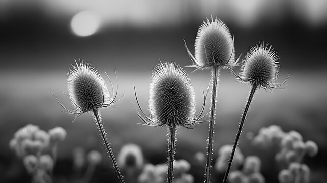 Dried wild teasel seed heads in a meadow at sunset