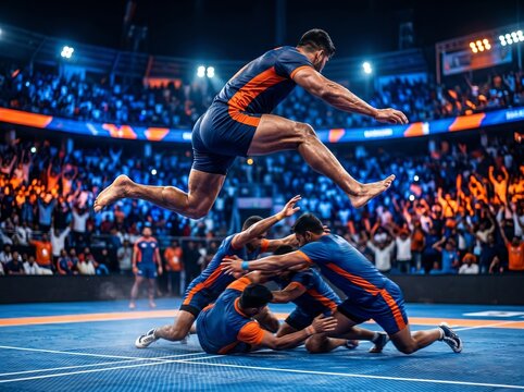 Dynamic Athlete Leap Over Defense in High-Intensity Stadium Sport
