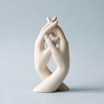 Minimalist sculpture of interlocking hands on blue