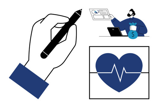 Creativity, finance, healthcare, personal development, digital tools, innovation. A hand holding a pen, a person managing finances and a heart with a pulse line. Creativity and finance concept