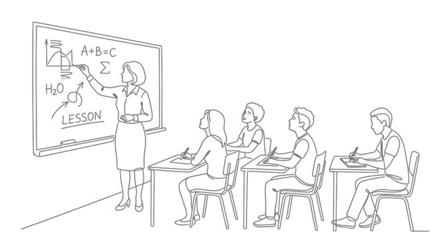 Line art illustration of a teacher giving a lesson to students in a classroom.
