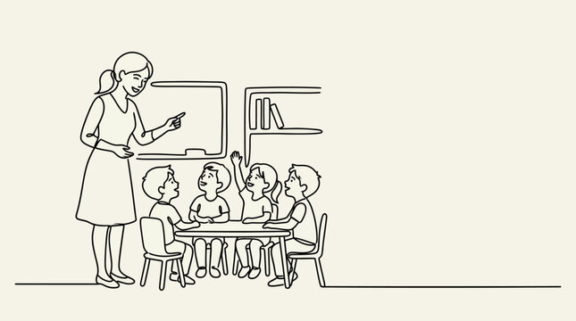 Continuous line drawing of a teacher instructing young students in a classroom setting.