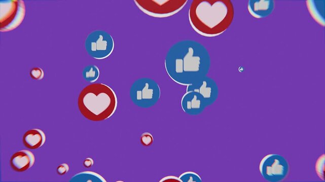 social media love heart like icons floating upwards, on purple background