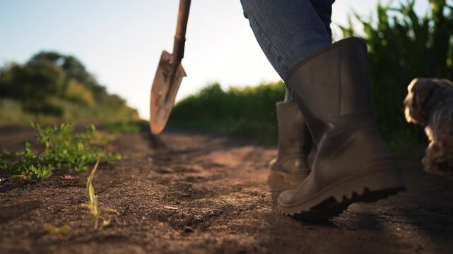Farmer walks with shovel on dirt path near crops at sunset. Boot steps on soil in farm field. Agricultural worker carries spade tool. Farming boots walk on ground. Person works in agriculture field.