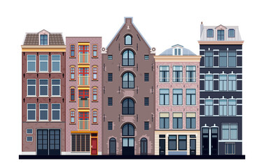 Obraz premium Traditional architecture of Amsterdam, Netherlands. Famous dancing houses in a row. old town buildings along water channels. Vector illustration