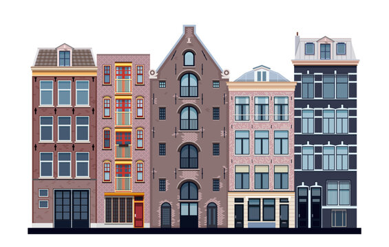 Traditional architecture of Amsterdam, Netherlands. Famous dancing houses in a row. old town buildings along water channels. Vector illustration