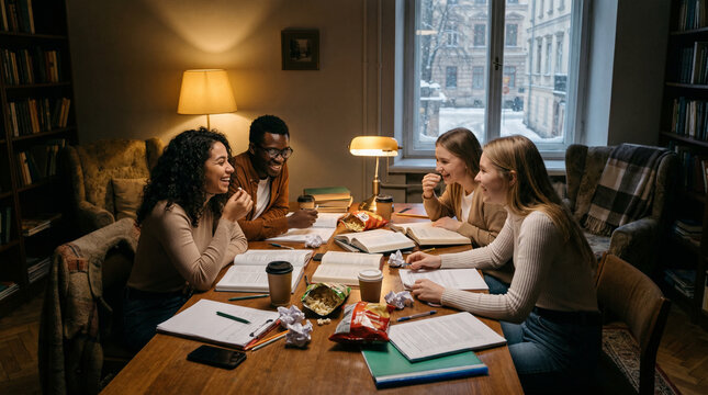 Students studying together around table in cozy library evening session