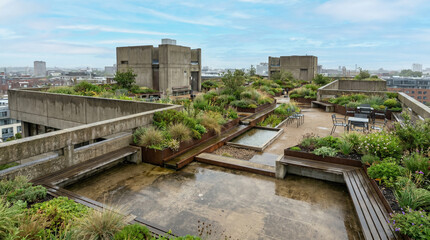 Fototapeta premium Green rooftop on an adaptive brutalist office building