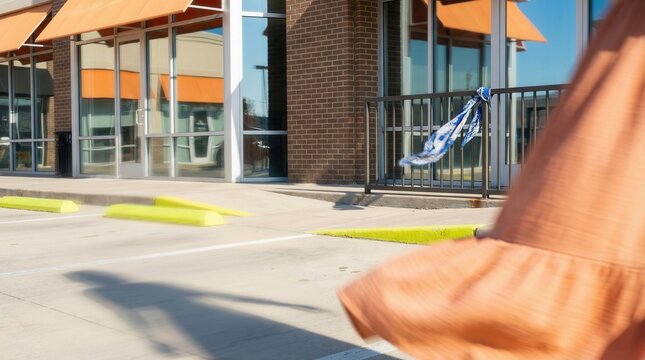 Woman walking past storefront with orange awnings in sunny urban scene