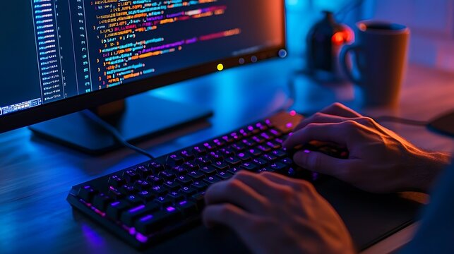 Close-up of male hands typing on a backlit mechanical keyboard with blue-violet lighting, keyboard isolated in lower composition with generous negative space above filled by a blurred monitor display