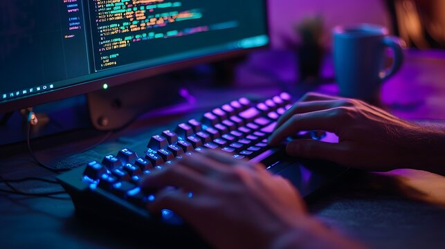Close-up of male hands typing on a backlit mechanical keyboard with blue-violet lighting, keyboard isolated in lower composition with generous negative space above filled by a blurred monitor display