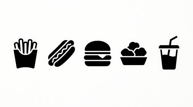 Fastfood items arranged as a series of simple black icons showcase french fries, hot dogs, hamburgers, snacks, and a plastic cup with a straw against a plain backdrop.